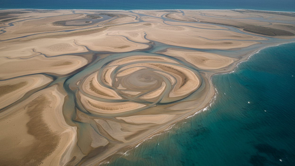 Ultra-photorealistic aerial view of soft earth tones landscape merging ocean and land, natural daylight, smooth gradients of beige, sand and grey, calm horizon, cinematic composition, luxury editorial mood, symbolizing global responsibility and harmony.