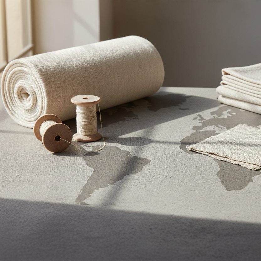 Ultra-photorealistic editorial composition symbolizing global craftsmanship and responsible sourcing. A world map subtly outlined in soft shadows across a concrete surface, with delicate cotton and linen fabrics placed at different regions. Gentle daylight from the side, calm beige and warm grey palette, soft motion in light reflections, cinematic depth of field, luxury minimal aesthetic, same tone as previous Jermis visuals.