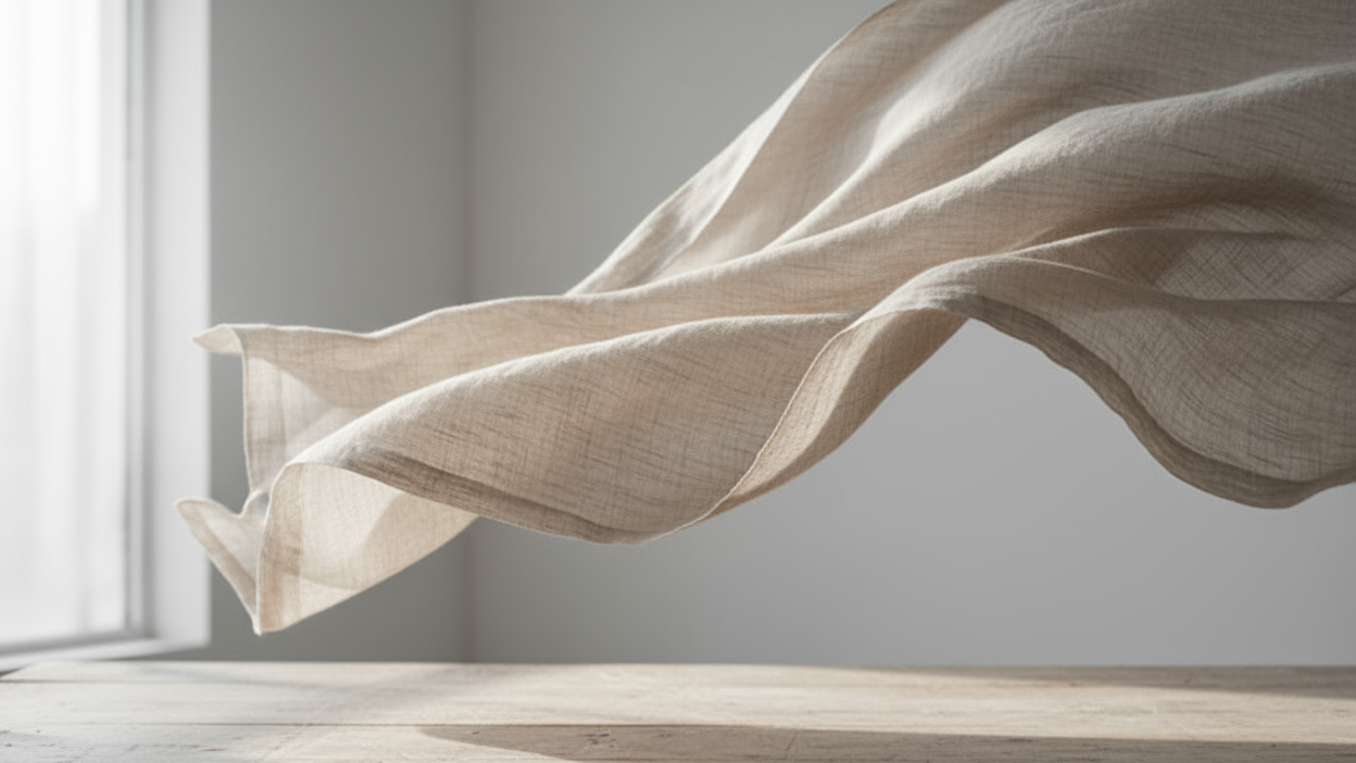 Ultra-photorealistic editorial image of fine cotton fabric gently shifting in a soft breeze on a neutral worktable. Natural daylight from a nearby window creates smooth gradients and subtle highlights. Minimal palette in beige, taupe and soft grey. Detailed textile texture, light motion blur on fabric edges, cinematic luxury lighting, calm yet dynamic composition.