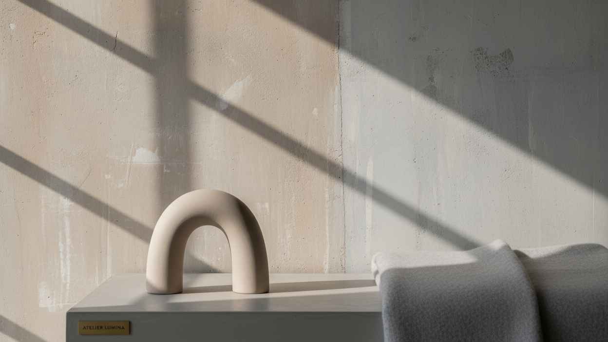 Ultra-photorealistic minimal editorial scene, concrete wall with soft daylight shadows, neutral beige and grey tones, subtle texture, cinematic depth of field, high-end luxury brand atmosphere, photographed with Leica SL2 50 mm, natural morning light, calm and timeless aesthetic.