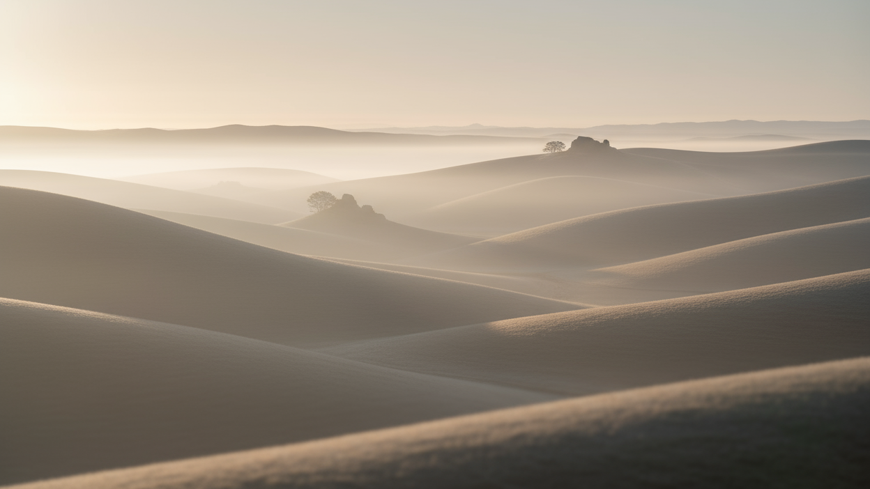 Ultra-photorealistic minimalist landscape of soft morning light rising over calm hills, warm beige and silver tones, light mist, smooth gradients, cinematic depth, luxury editorial atmosphere, symbolizing progress and outlook.